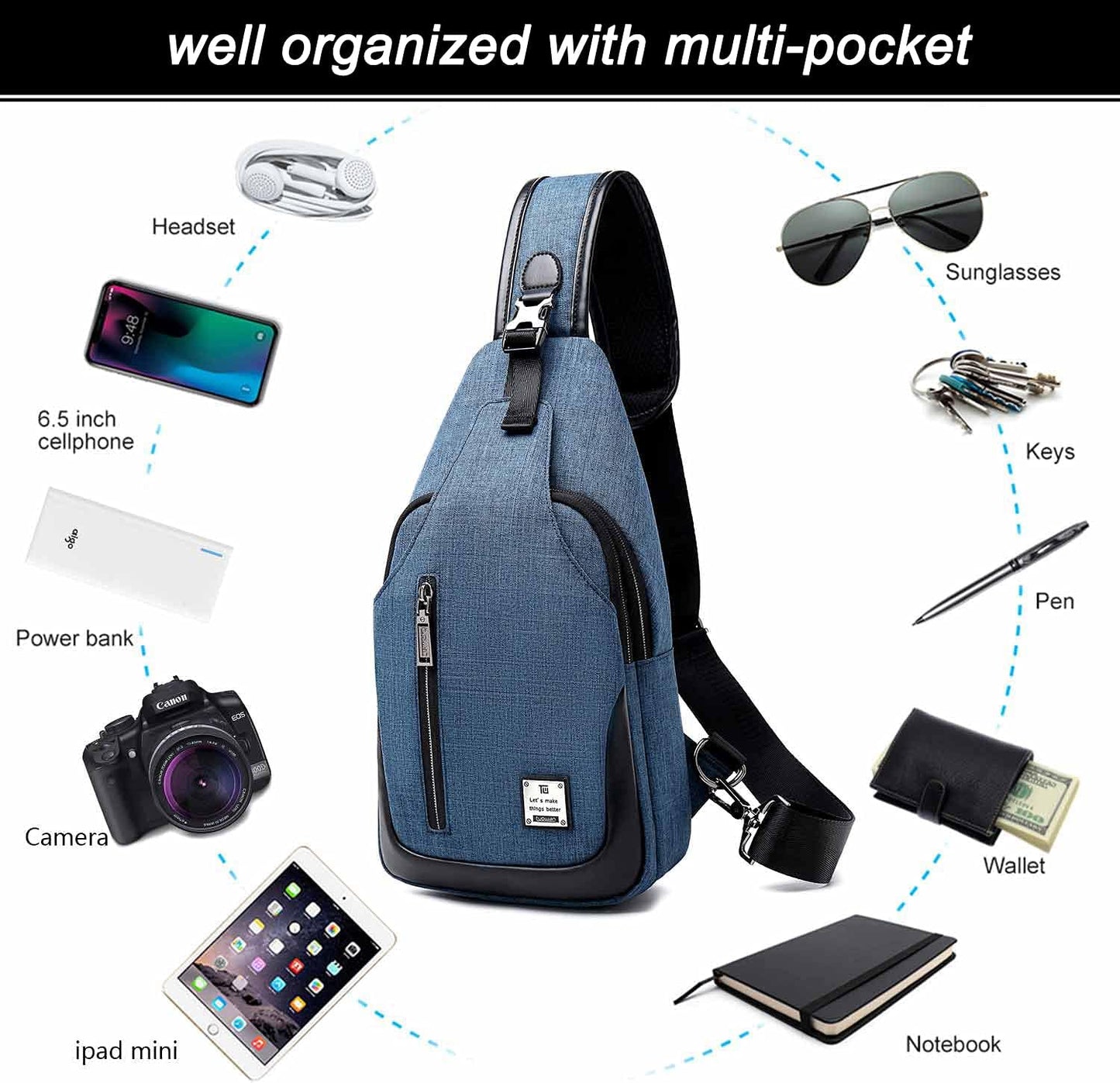 Small Sling Bag Crossbody Backpack Over the Shoulder Bag for Men Women Travel Outdoors, Lightweight Chest Pack (Small, Black)