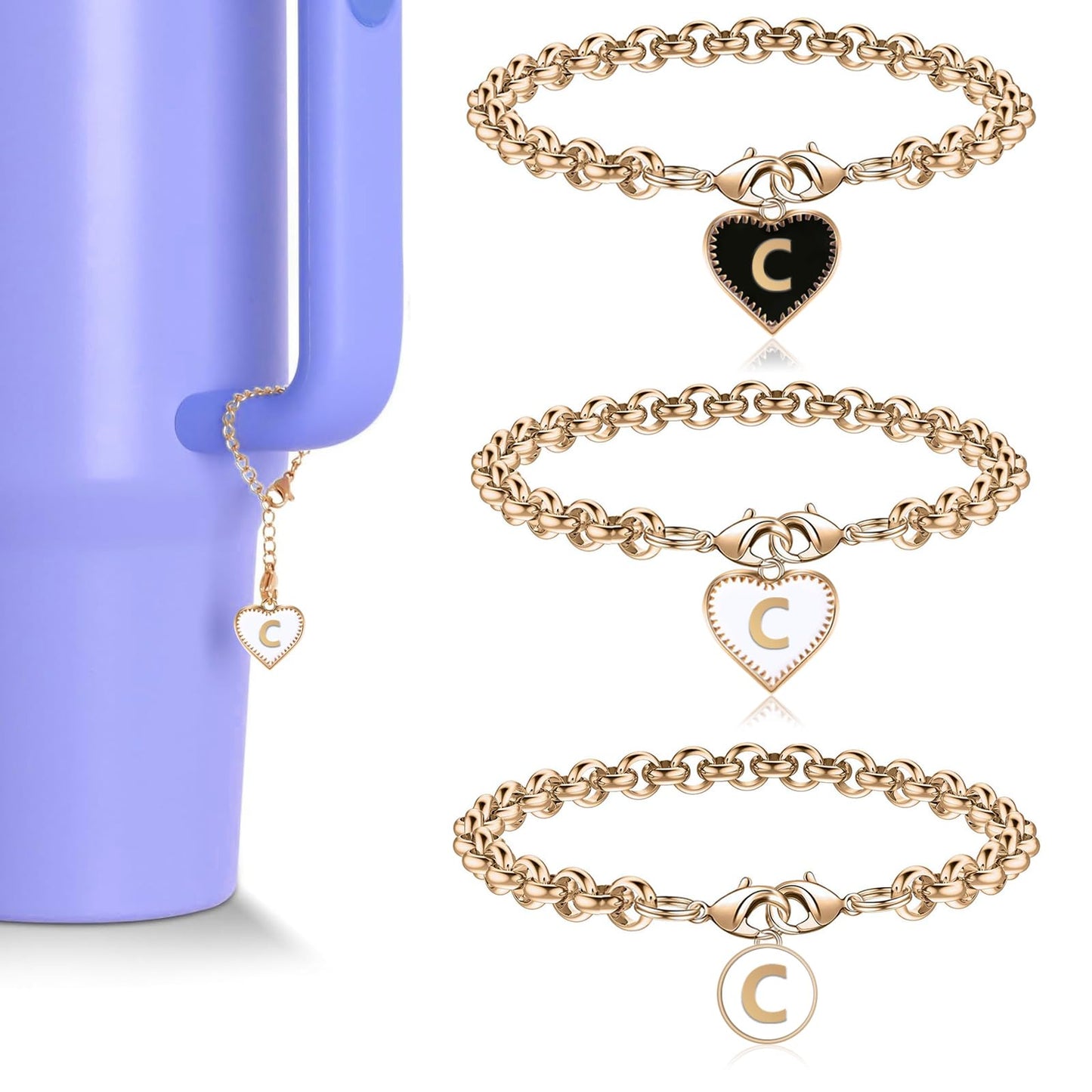 ibeacos Letter Charm Accessories for Stanley Cup, 3PCS Name ID Letter Handle Charm for Stanley/Simple Modern Tumbler, Round &Heart Shape Initial Identification Charms, 3PCS - C