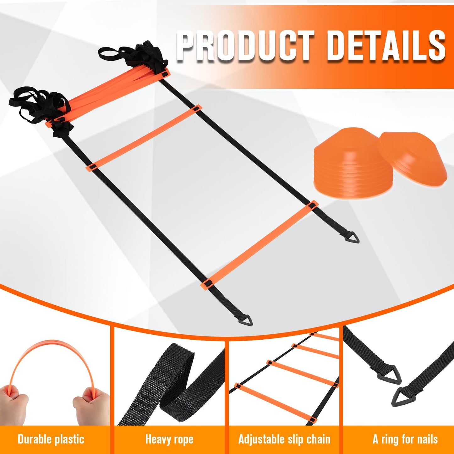 9TH SHOP Agility Ladder, Speed Ladder Agility Ladder, 20 Feet 12 Adjustable Rungs Training Ladder for Footwork and 10 Soccer Cones, 4 Stakes with Carry Bag