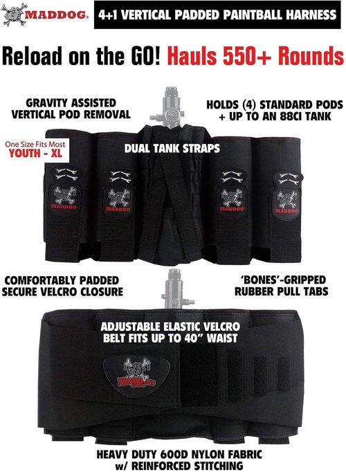 Maddog 4+1 Vertical Paintball Harness Pod Pack with (4) Paintball Pods | Pod Holder Belt with Pouch for up to 88ci. Paintball Tank Bottle | Remote Coil Compatible