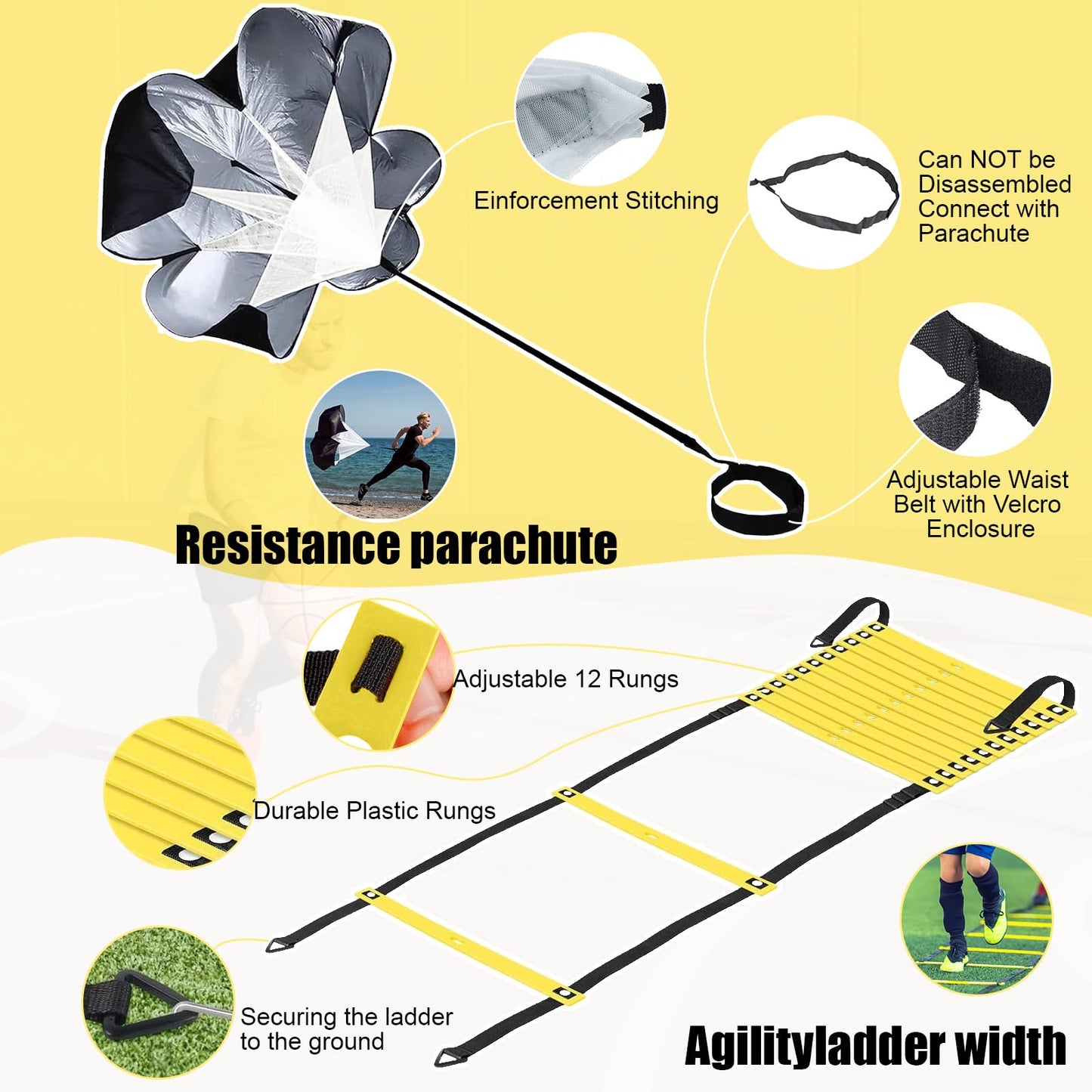 Agility Ladder, Speed Training Equipment Set, 20ft 12-Step Agility Ladder with 4 Fixed Steel Spikes, 5 Resistance Bands, 12 Football Cones, Jump Rope, Running Resistance Umbrella for Kids Teens Adults