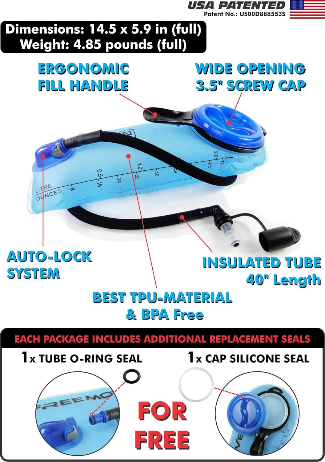 FREEMOVE Hydration Bladder 2L / 3L Water Bladder for Hiking Backpack &gt;Blue or Green&lt; Leak Proof Hydration Pack, Tasteless & BPA Free, TPU Water Reservoir, Quick Release Insulated Tube & Shutoff Valve