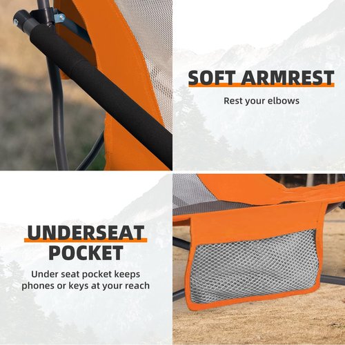 Tisetrail Portable Beach Chair for Adults Low Back Sling Chair with Cup Holder Folding Mesh Sand Chair Lightweight Lawn Chair for Beach Lawn Camping Concert Travel, Supports 300lbs, Orange