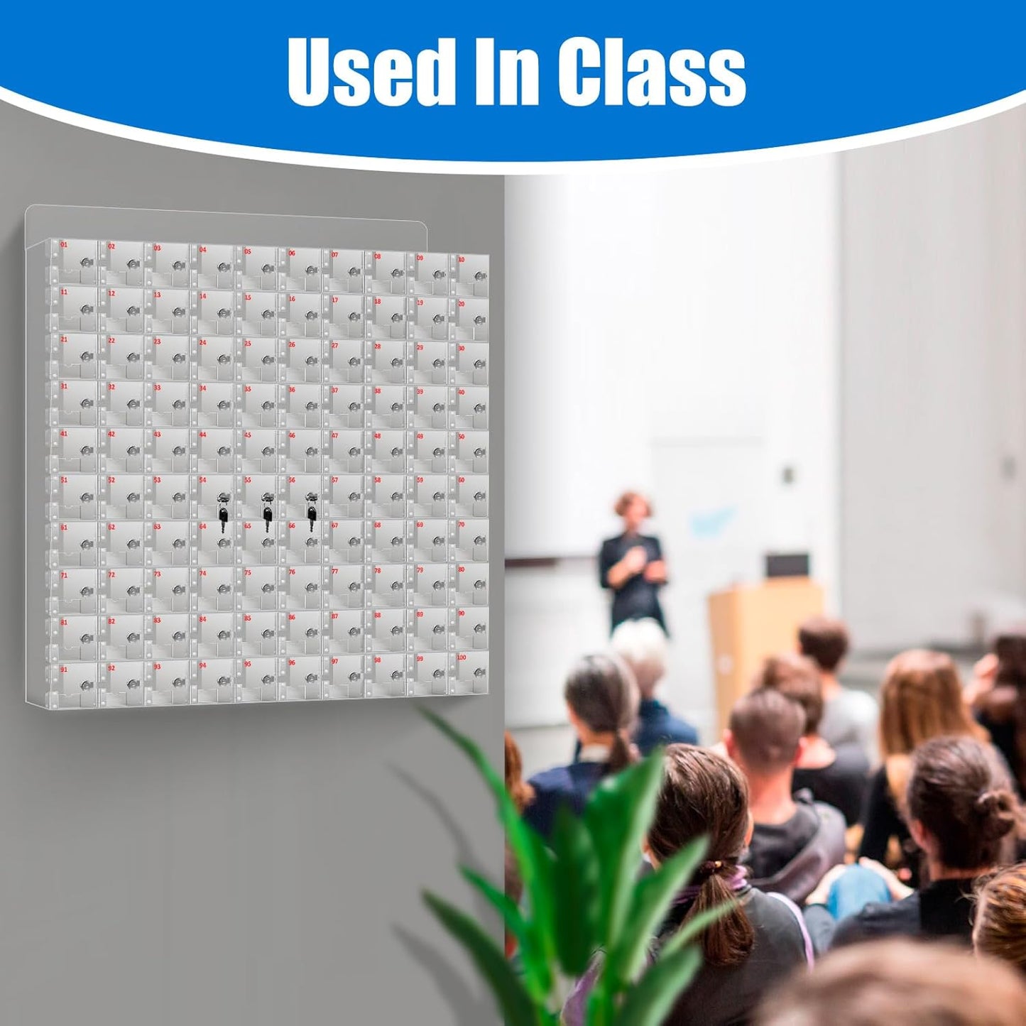 Cell Phone Locker, 100 Slots Clear Acrylic Phone Storage Box, Secure Wall Mounted Cell Phone Cabinet with Keys, Ideal for Workplace, Classroom, Fitness Center, Organized Cell Phone Storage