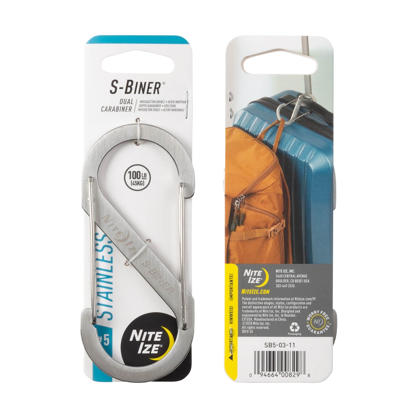 Nite Ize S-Biner Stainless Steel Dual Carabiner - Multi Purpose Dual Carabiner Clip - Great for Camping Supplies & Hiking Essentials - Secure Key Holder - Size 5, Stainless Steel (4 Pack)