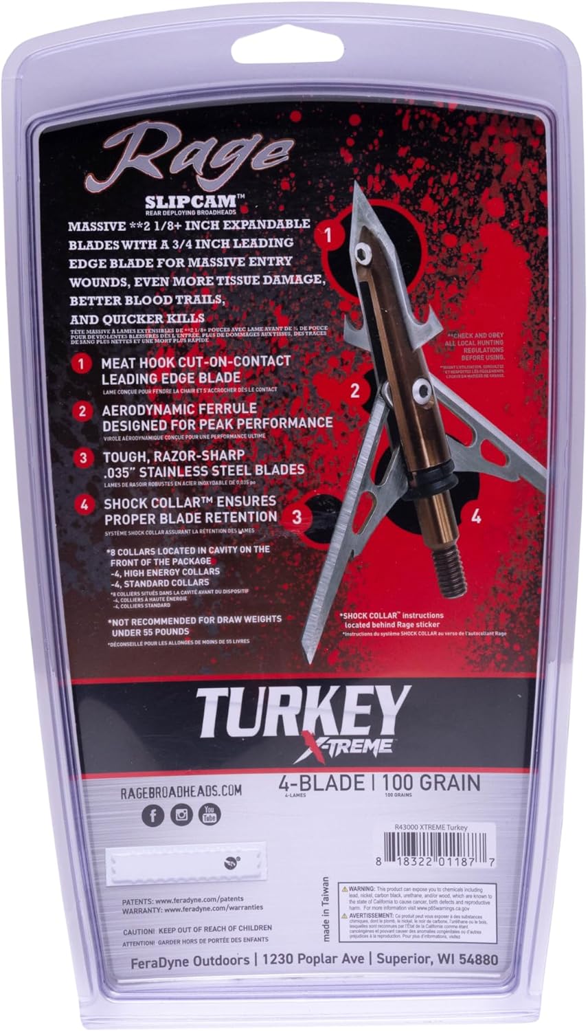 RAGE Xtreme Turkey Broadhead 2.3" x .75" Cut, 100 Grain - 2 Pack Brown