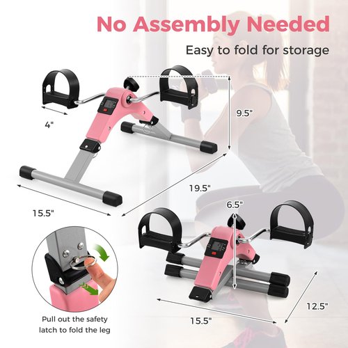 GYMAX Under Desk Bike Pedal Exerciser, Folding Mini Exercise Bike with LCD Display for Arms & Legs Workout, Portable Peddler Exerciser for Seniors Office Home Fitness (Pink)