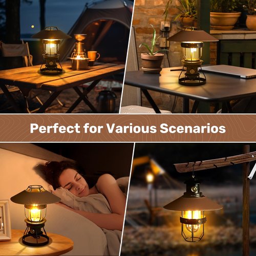 Metal LED Ambient Camping Lantern, 2 in 1 Newest Hanging Standing Camping Lamp, 3500mAh Rechargeable Retro Lantern, Dimmable Ambient Table Lamp with Leather Lampshade for Courtyard Outdoor Decoration
