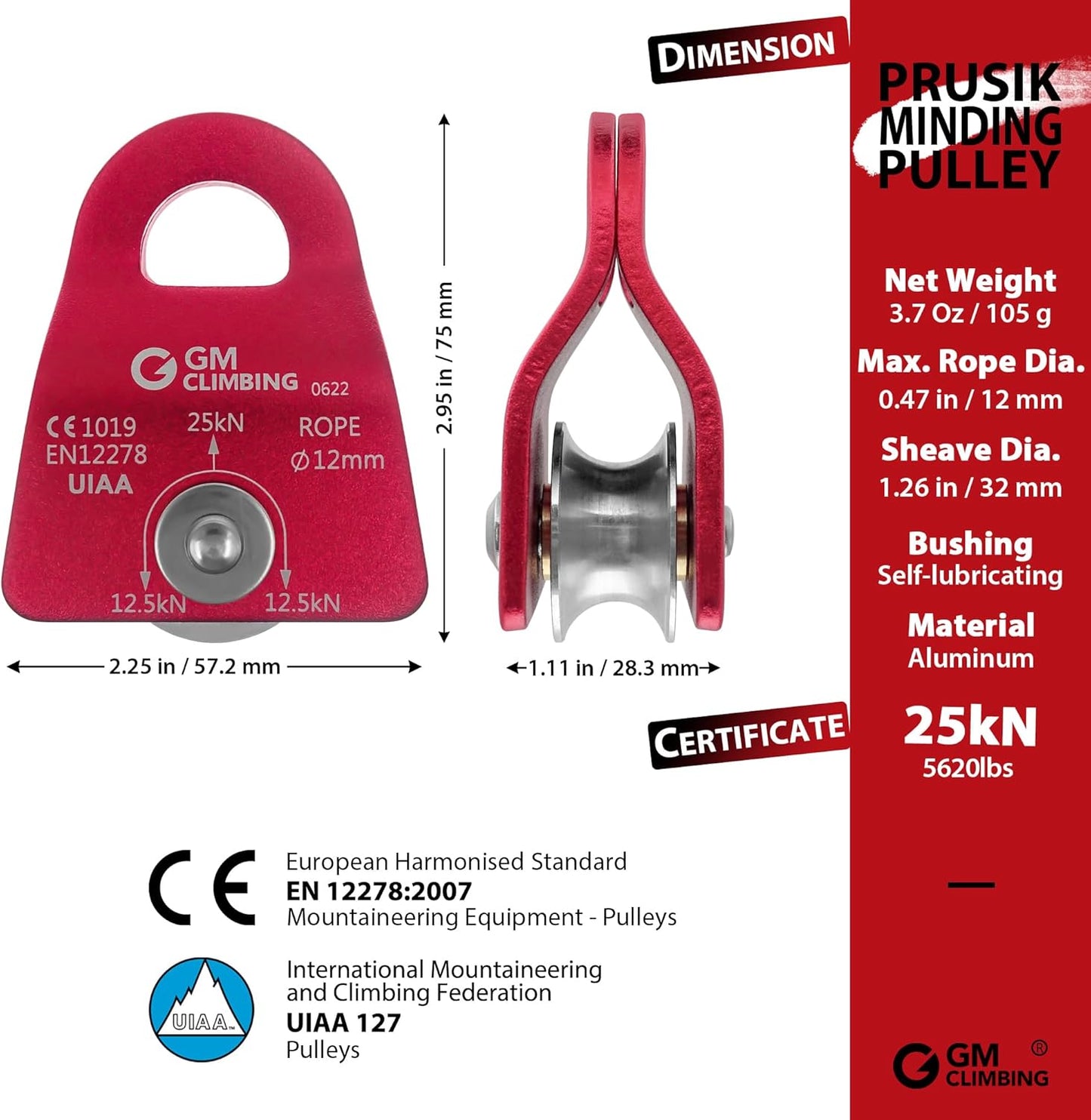 GM CLIMBING Micro Prusik Minding Pulley 25kN CE UIAA Certified 12mm Single Pulley Mobile Side Plates for Arborist Rigging Climbing Rescue