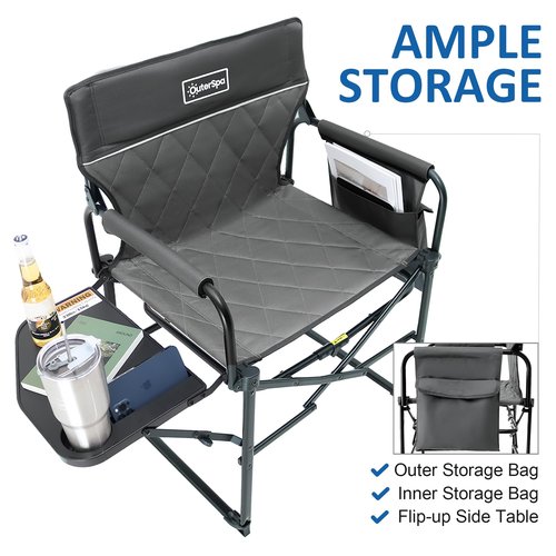 Outerspa Oversized Directors Chairs Heavy Duty Folding Outdoor Chairs with Detachable Side Pocket and Adjustable Side Table for Outside,Lawn,Fishing, Folding Camping Chair up to 350Lbs Capacity (Grey)