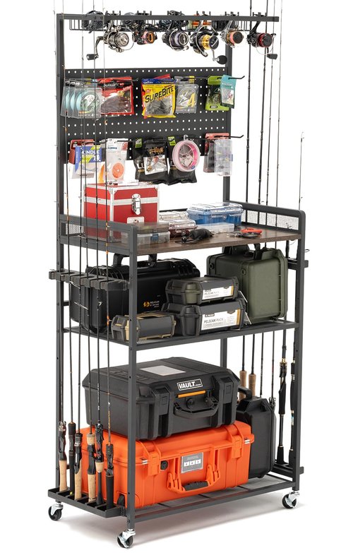 SOYEEZE Fishing Rod Holders for Garage,Fishing Gear Holder for Fishing Rod Tackle Box Storage，Fishing Pole Holders for 12 Rods with Hooks and Pegboard,Fishing Cart with Reel Rack