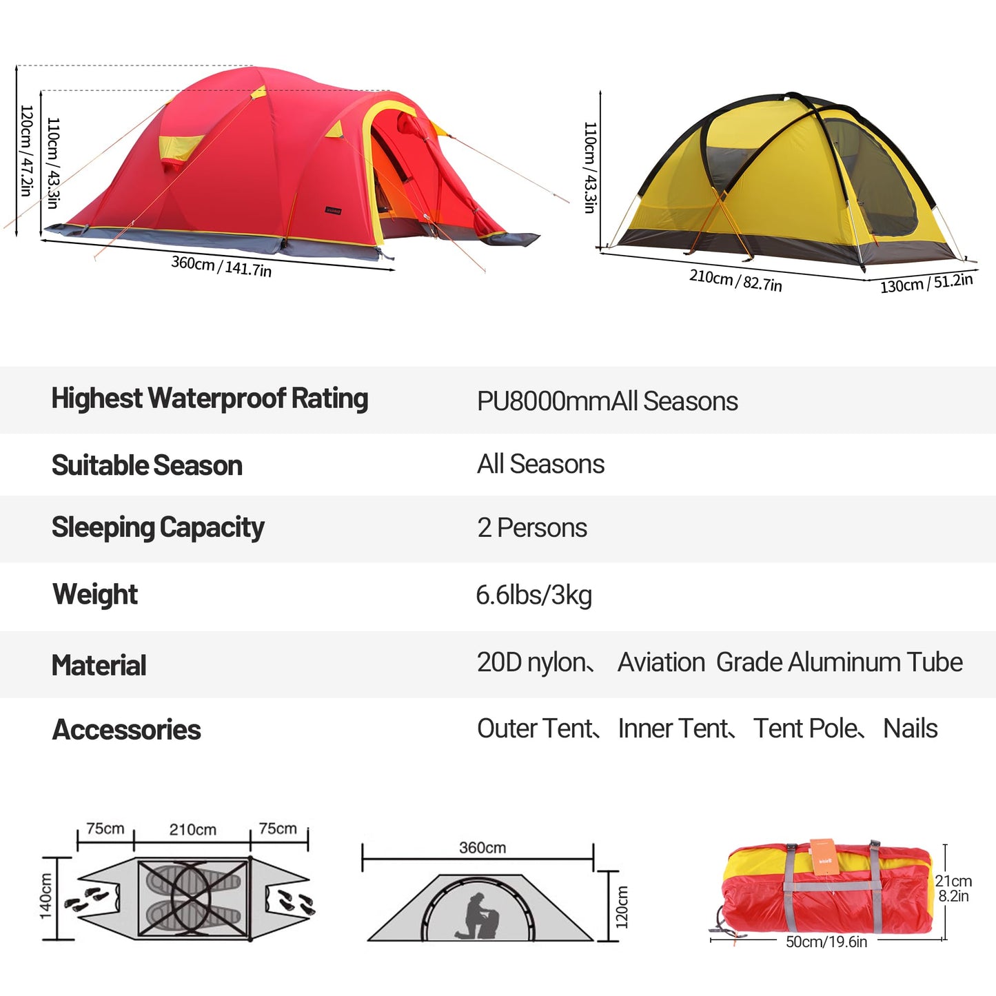 2 Person 4 Season Tent, Winter Camping Tent Waterproof Windproof Lightweight Tent 20D Nylon PU8000mm Easy Set Up for Winter, Cold Weather Outdoor Camping Hiking Family Camp Mountaineering