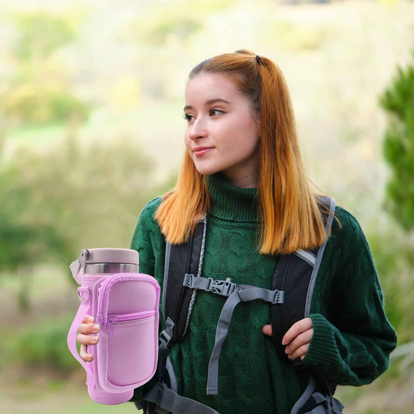 for Stanley Iceflow Flip Straw Tumbler 30 oz, Water Bottle Cup Holder Cover Carrier Sling Bag with Strap, Pouch Pocket for Phone / Accessories, add Handle for Stanley Flip Straw, Neoprene (Purple)