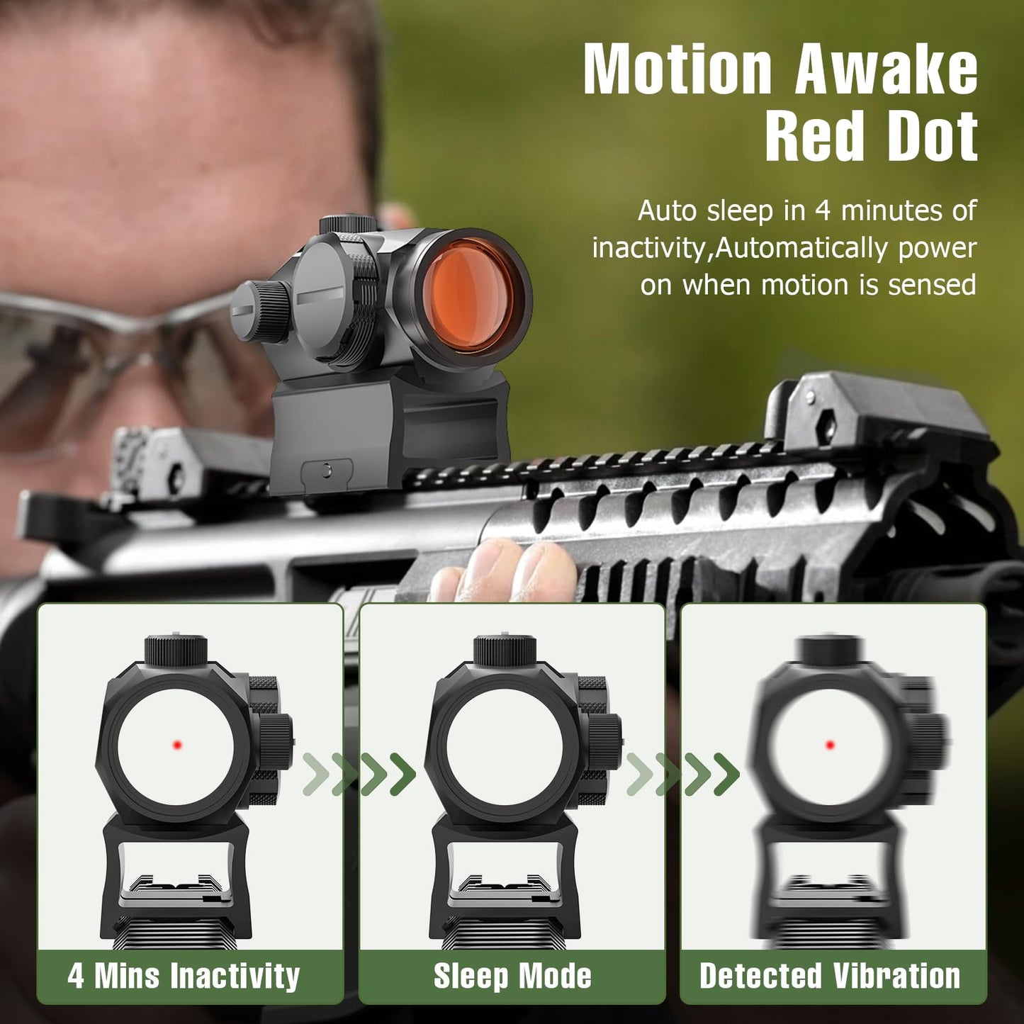 Motion Awake Red Dot Sight 1x20mm 2 MOA Red Dot Optics 10 Level Brightness Rifle Scope Reticle Sights with Co-Witness Riser and Low-Profile, Fits 20mm Rail Mount, IPX7 Waterproof, 1000G Shockproof