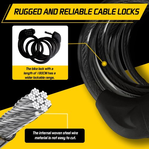 Bicycle Cable Lock, 4-Digit Combination, 6-Foot Long, Resettable Anti-Theft Bicycle Lock,Accessories for Mountain Bike, Road Bike, Electric Bicycle, Scooter（Black）