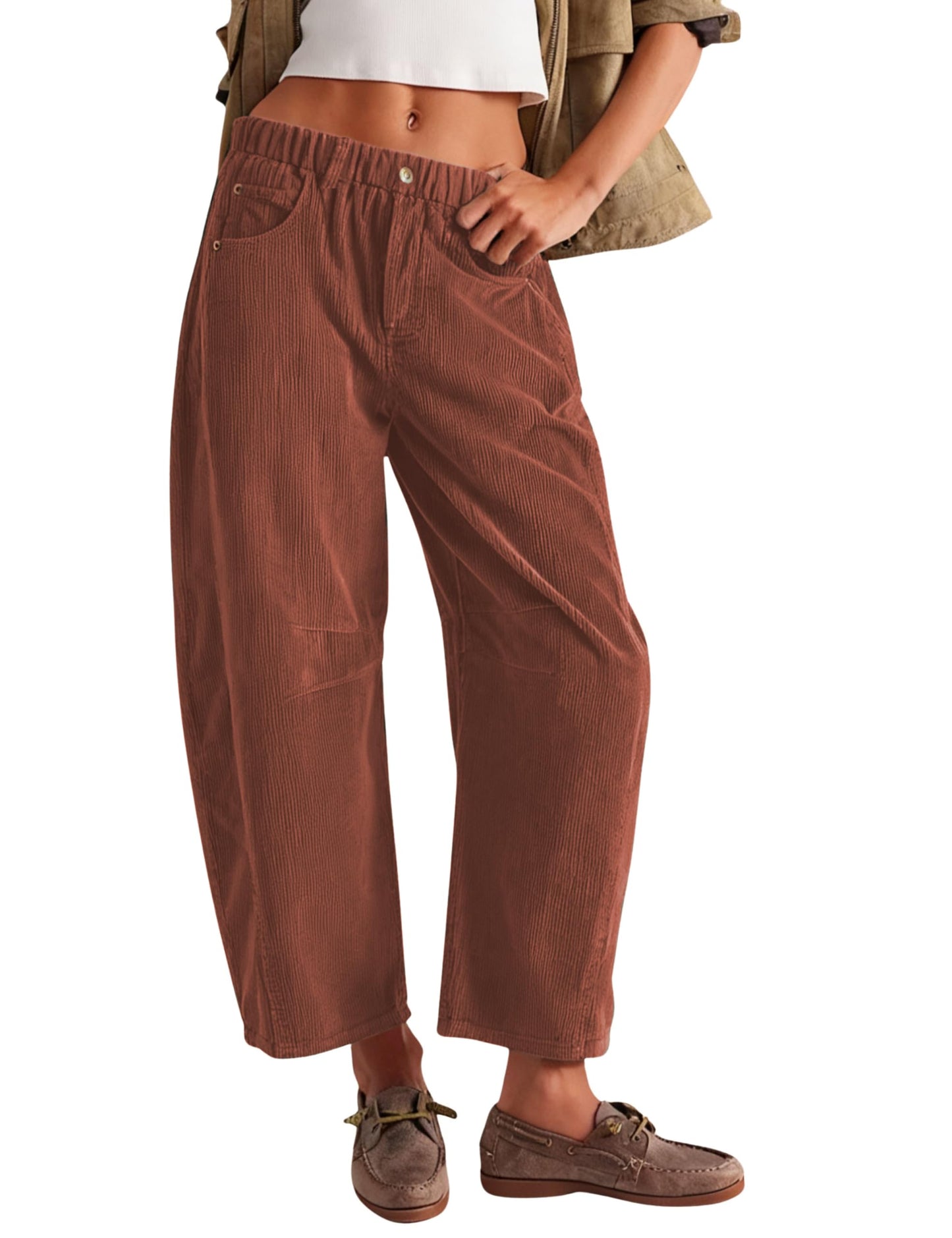 Lviefent Womens Mid Rise Cord Barrel Jeans Casual Baggy Wide Leg Corduroy Cropped Ankle Pants with Pockets (Burgundy-S)