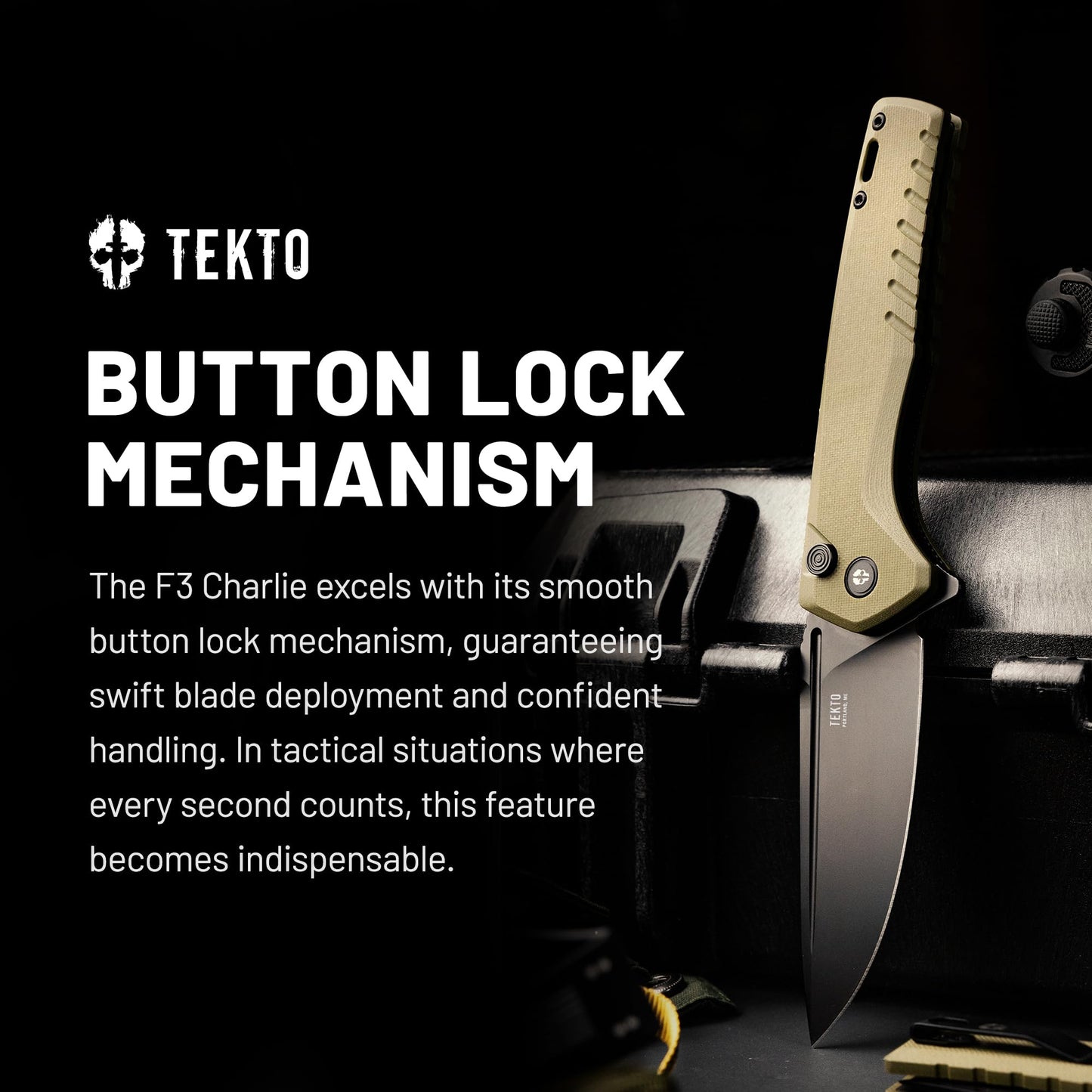 TEKTO F3 Charlie Button Lock Folding Knife, Fine Edge Blade, Tactical OD Green G10 Handle - Easy Open Pocket Knife with Titanium Coated D2 Steel & Black Titanium Barrel Spacers