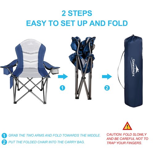 SUNNIMAX Fully Padded Camping Chair, Oversized Heavy Duty Lawn Chair with Cooler Bag,Side Pocket,Cup Holder Support 400 lbs (Blue & Grey, Single Pack)