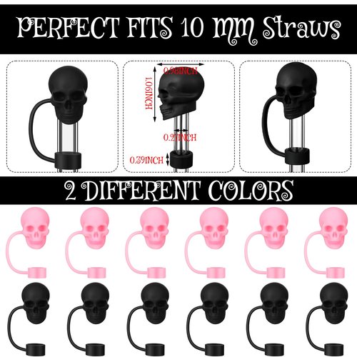 Yoande 12 Pcs Halloween Skull Straw Topper Compatible with Stanley Cup Accessories 30 40 oz 10 mm Silicone Straw Cover Cap Reusable for Halloween Cup Accessories Decoration Gift(Black, Pink)