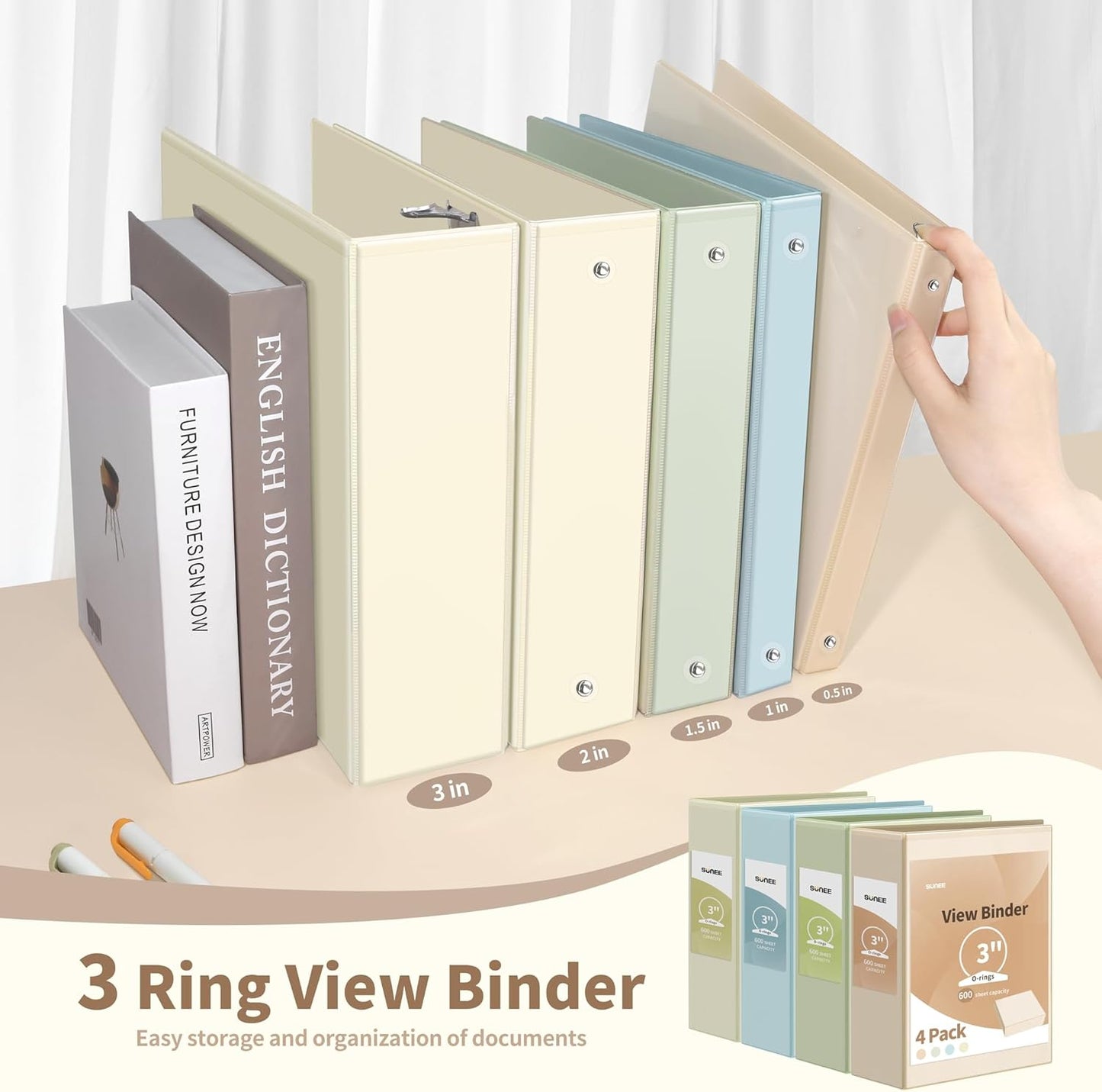 SUNEE 3 Ring Binder 1.5 Inch 4 Pack, Clear 1 1/2 Inch View Binder Three Ring PVC-Free (Fit 8.5x11 Inches) for School or Office Supplies, Neutral Aesthetic