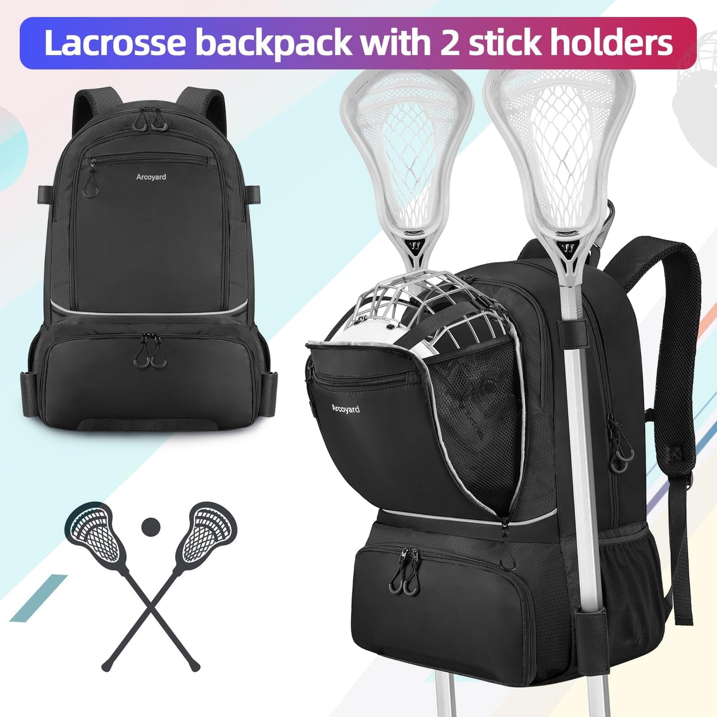 Arcoyard Extra Large Lacrosse Backpack with 2 Stick Holders, Professional Lacrosse Bag with Ventilated Cleats Compartment and Insulated Pocket, for All Lacrosse or Field Hockey Gear, Black