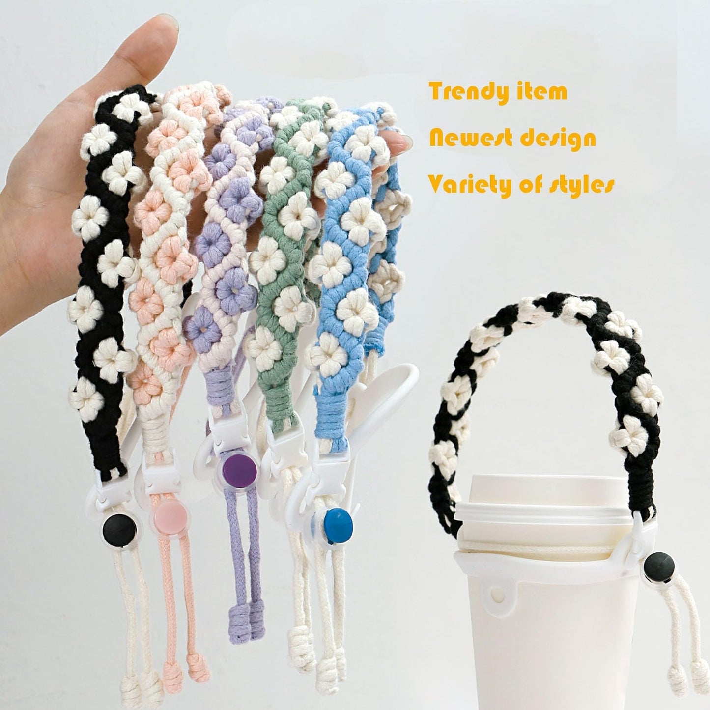 Juimtien Water Bottle Handle, Stanley Cup Holder with Strap, Handmade Bohemian Flower Sling Holder Lanyard