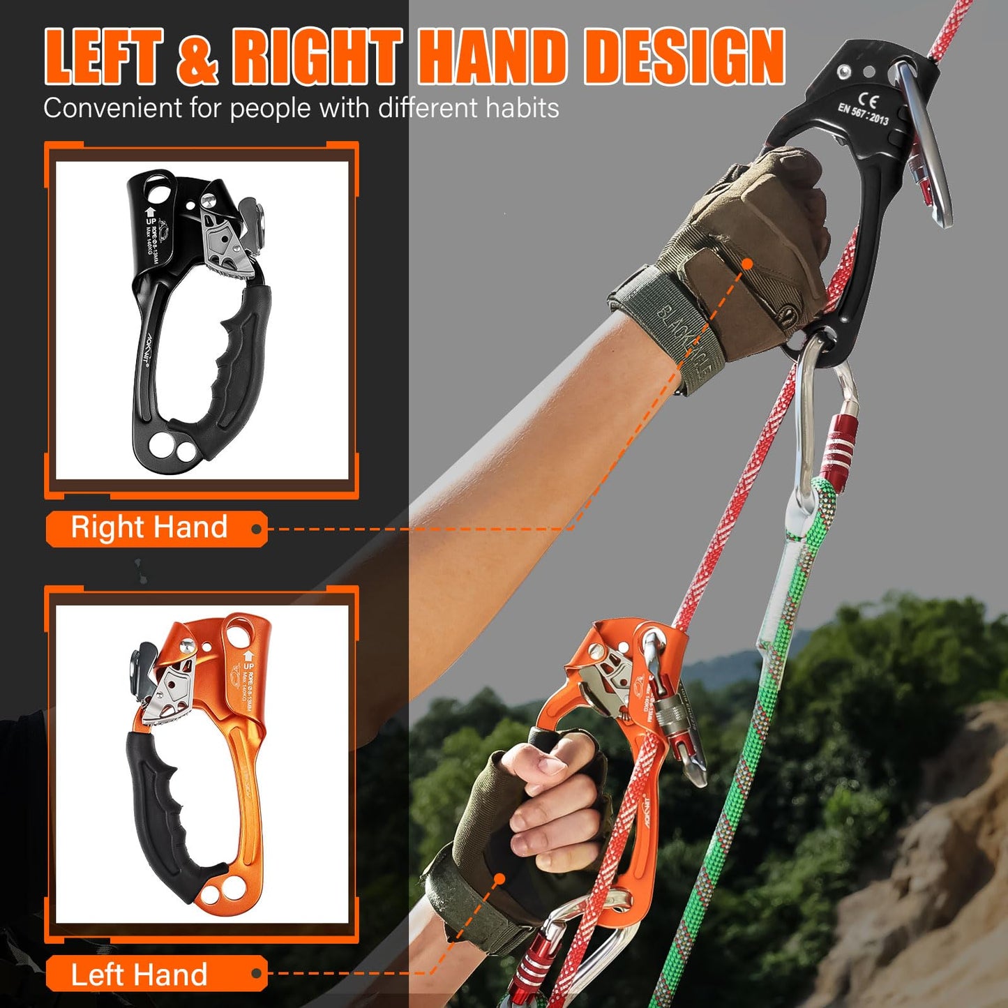 AOKWIT UIAA & CE Certified Rope Ascender Aluminum Alloy Rock Climbing Gear Strong Rigging Rappelling Equipment for Rock Tree Climbing Arborist Rescue Mountaineering Caving (Right Hand Black 1)