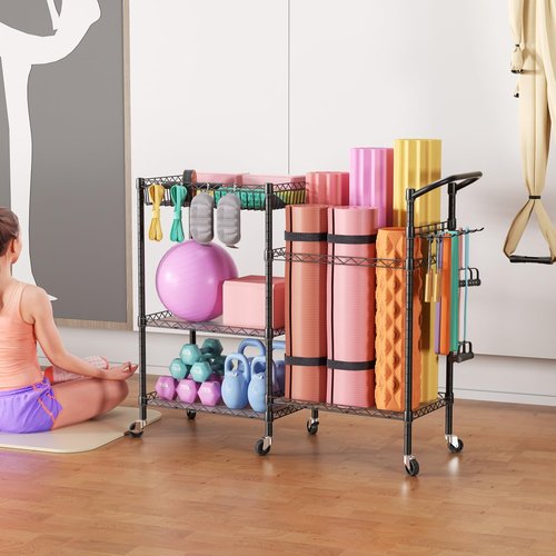 SINGAYE Dumbbell Rack Stand With Yoga Mat Storage, Gym Equipment Organizer, Cart for Workout Room, Home Gym With Hooks and Wheels Black