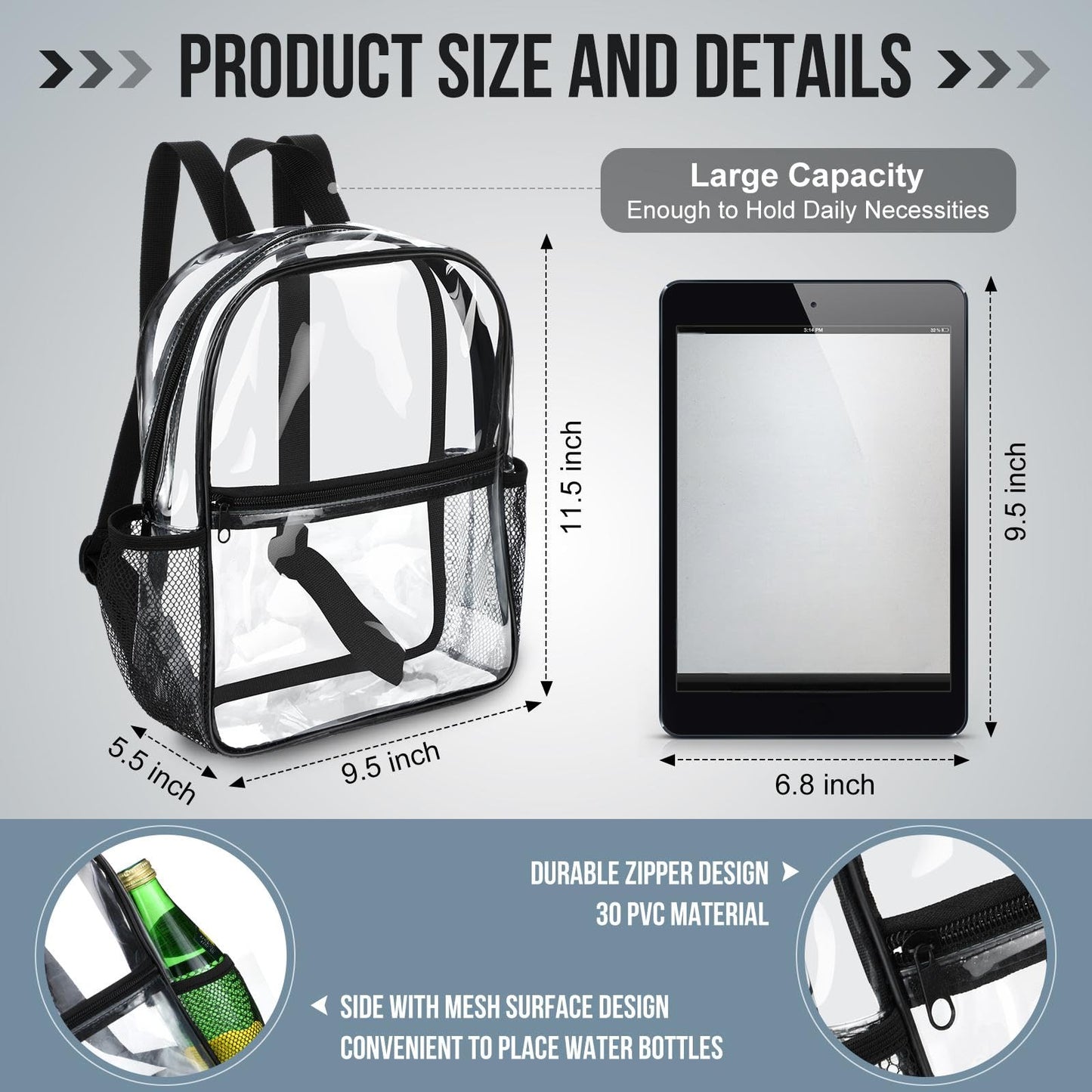 Sweetude Clear Backpack bulk 11.4 x 9.5 x 5.1 Inch Bag Stadium Approved Plastic Transparent Backpack with 2 Water Holders(Black)