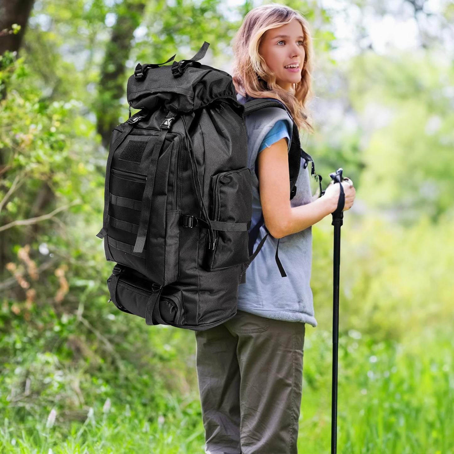 Goaste 100L Camping Hiking Backpack, Molle Military Tactical Rucksack, Waterproof Large Travel Daypack, Adjustable Survival Hunting Sports Bag for Men and Women Hiking, Camping, Touring(Black)