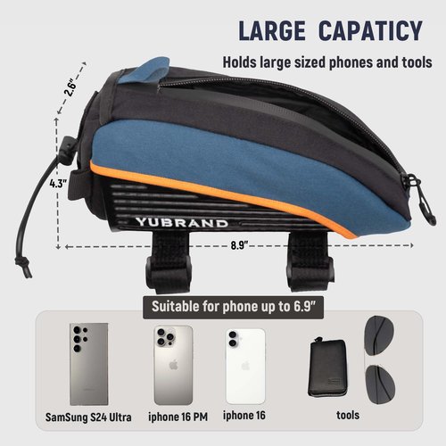 YUBRAND Removable Bike Frame Bag, Top Tube Bike Bag, Compatible With IPhone 16/15/14Pro and Phones Up To 6.9'', Waterproof, 1L, Blue, Geometric Pattern, 8.66 x 4.3 x 3.9 inches