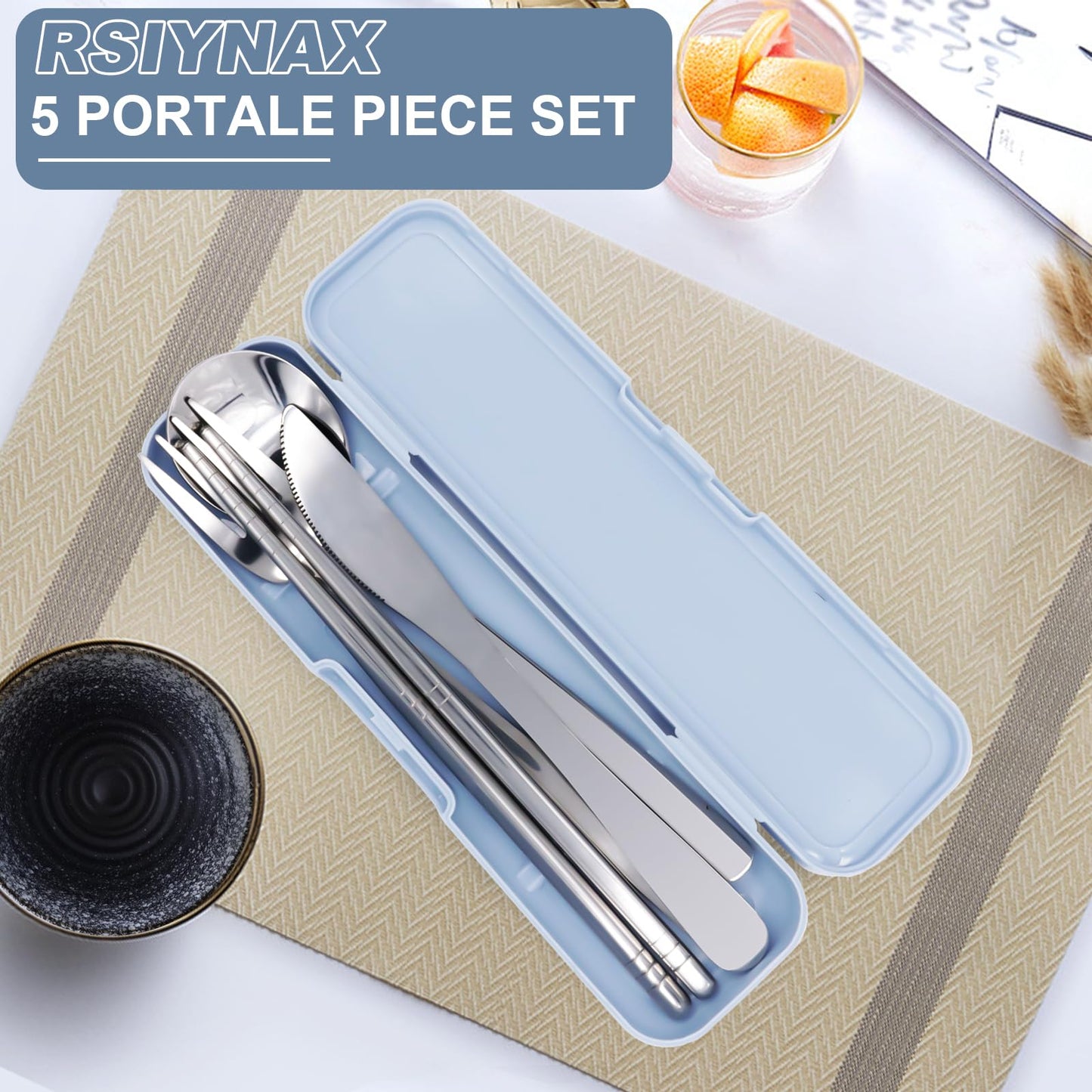 5 Piece Rsiynax Portable Travel Utensils Set with Case, Premium 304 Stainless Steel Camping Utensils Set, Reusable Silverware for Camping, Lunch, Work, School, etc, Easy to Clean (Silver)