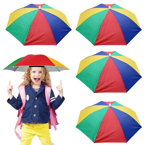 MUFEKUM 4 Pack Rainbow Umbrella Hats, 20.5in Hands-Free Kids' Head Umbrellas, Folding Waterproof Umbrella Caps for Outdoor Party, Fishing, Sun, Rain, Beach, Golf, Hiking