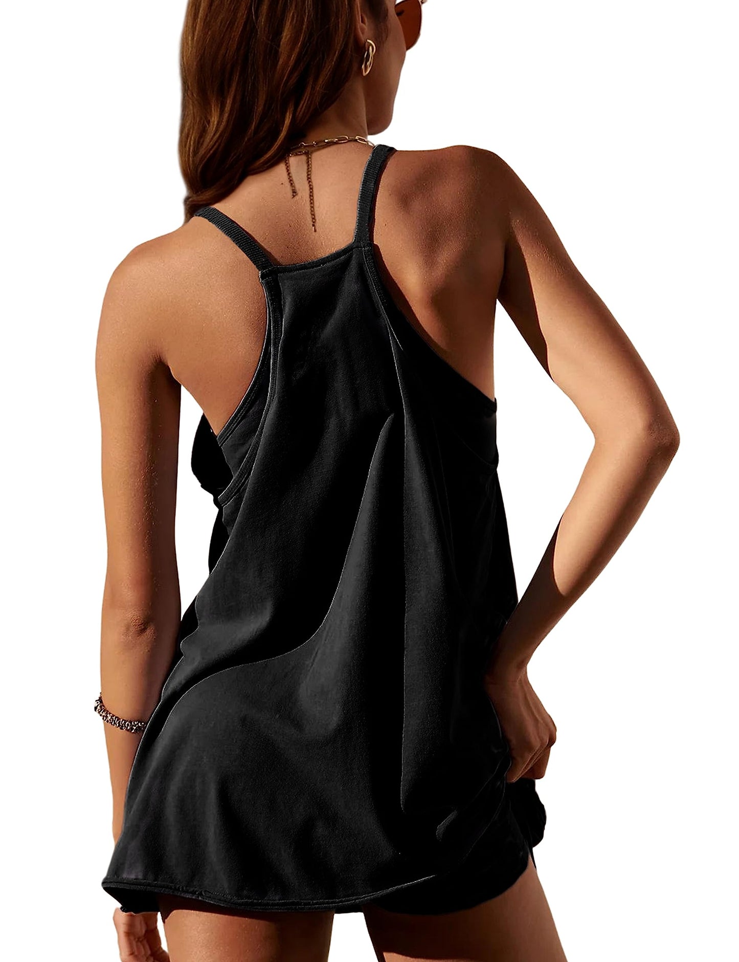 Lentta Womens Athletic Sleeveless Mini Dress with Built-in Shorts V Neck Spaghetti Strap Sundress(Black-XL)