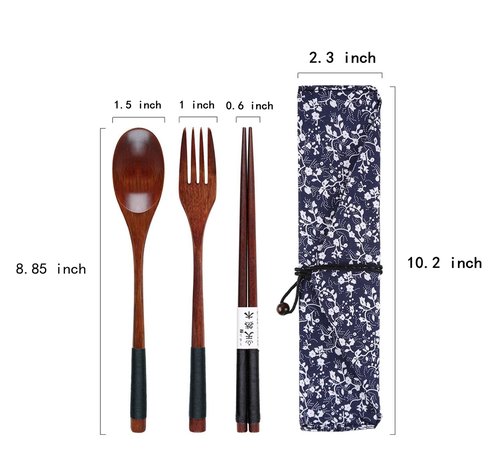 Wooden Flatware Wooden Fork and Spoon Chopsticks Reusable Tableware Cutlery Set Travel Utensils Tied Line Flatware, Eating Utensils with Pouch for Office Camping Traveling Picnic Office School
