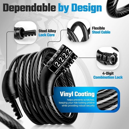 Flexzion Bicycle Lock Cable - 4 Feet, 5/16 Inch (8mm) Diameter Steel Bike Lock Cable, Compact & Easy to Use, with Pre-Set 4 Digit Bike Lock Combination - Security for Bicycles, Scooters, & Gates