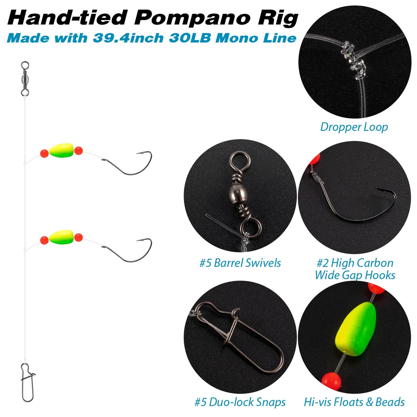 Alwonder 5-Pack Pompano Rigs Surf Fishing Rigs with Snell Floats Saltwater Live Bait Rig, Swivels Duo Lock Snaps Circle Wide Gap Kahle Hooks Rig for Beach Surf Casting Pier Jetty Fishing Green&Yellow