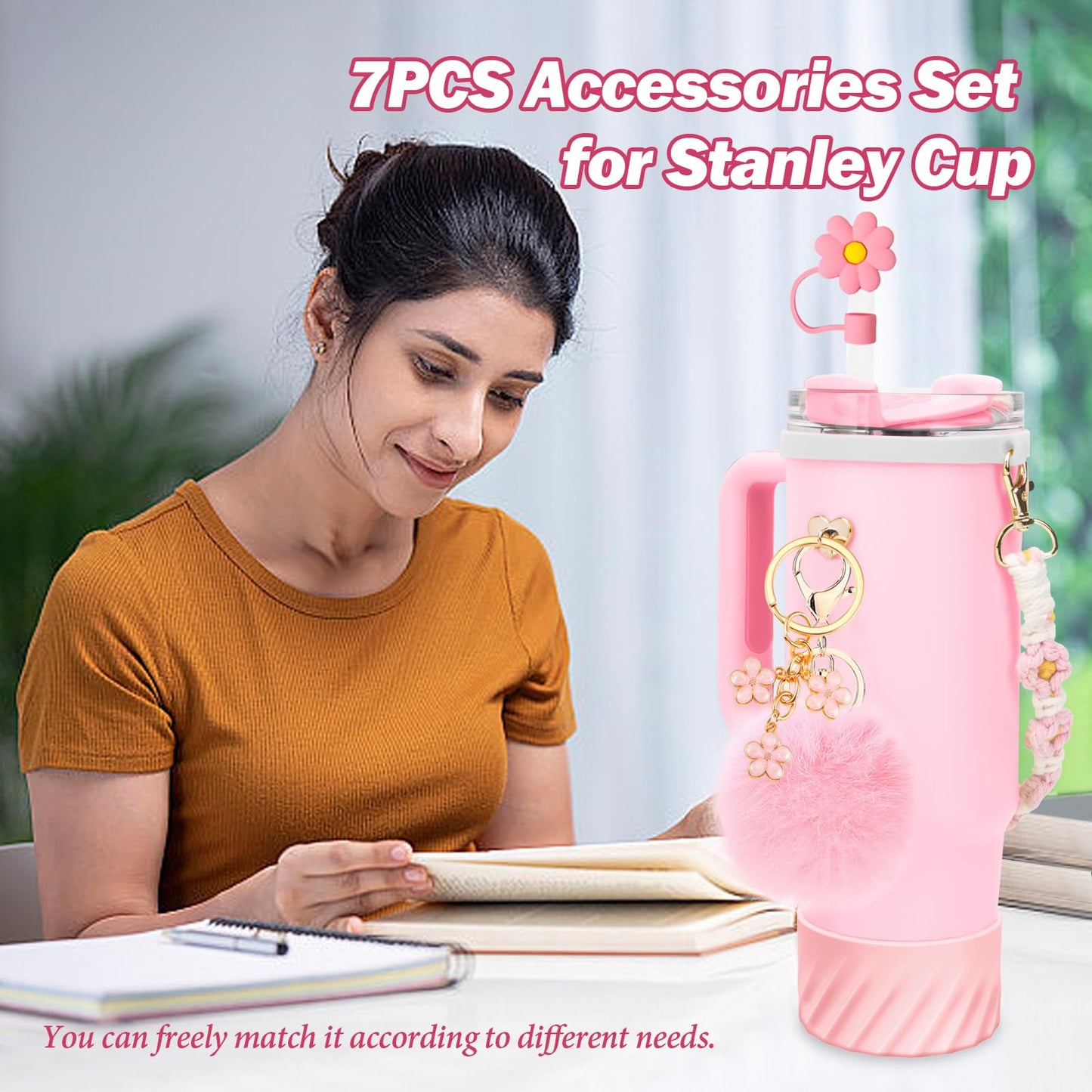 7PCS Accessories Set for Stanley Cup 40 oz 30oz, Including Protective Silicone Boot, Water Bottle Handle Strap, Keychain Charm, Heart Hook, Straw Cover Cap for Stanley Cup Accessories (Pink)