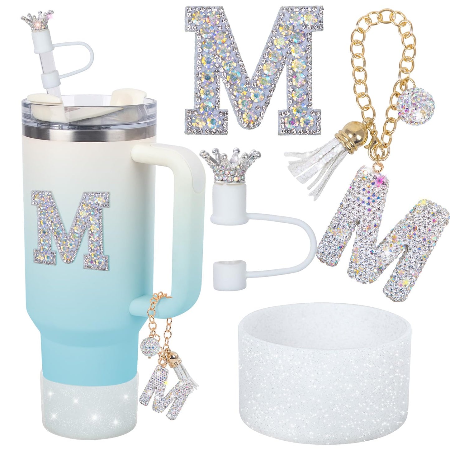 foci cozi Letter Charms for Stanley Cup Handle,Silicone Boot Accessories Charms for Stanley Cup 40oz 30oz,Crown Straw Cover Topper & Diamond Sticker(M)