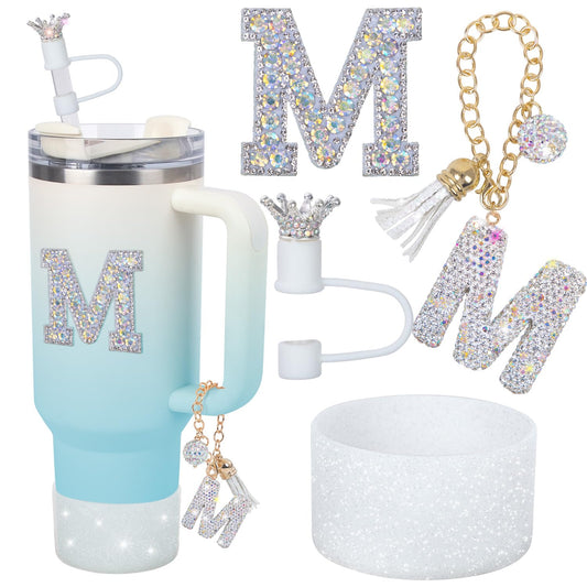 foci cozi Letter Charms for Stanley Cup Handle,Silicone Boot Accessories Charms for Stanley Cup 40oz 30oz,Crown Straw Cover Topper & Diamond Sticker(M)