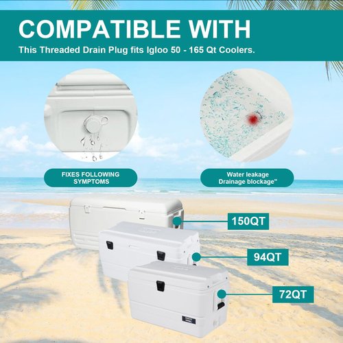 Upgraded Cooler Drain Plug Replacement Parts, Stainless Steel Threaded Drain Plug with Tethered Cap, Compatible with Igloo 50-165 Qt Coolers