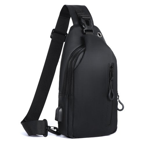 VALUEQLO Sling Bag for Men, Waterproof Chest Pack with USB Charging Port and Headphone Hole, Adjustable Left/Right Shoulder Crossbody Bag for Travel, Sport, Hiking, Running,Black