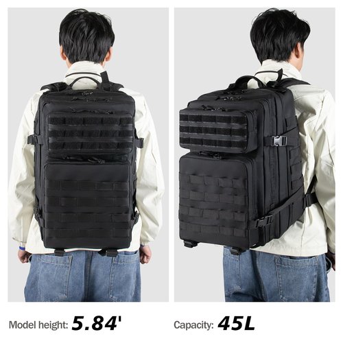 RooPoke 45L Army Tactical Backpack For Men,Large Military Assault Pack 3 Day Bug Out Bag For Women, Molle Daypack Camping Outdoor Mountaineering Backpacks Black Rucksack Survival