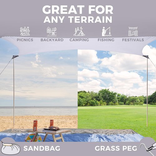 WEKAPO Beach Shade Canopy, 7x7 FT Beach Tent Sun Shelter with 4 Poles, Large Sand Shovel and Ground Pegs, UPF 50+ Outdoor Shade for Camping Trips, Fishing (Grey, 7x7 FT 4 Pole)
