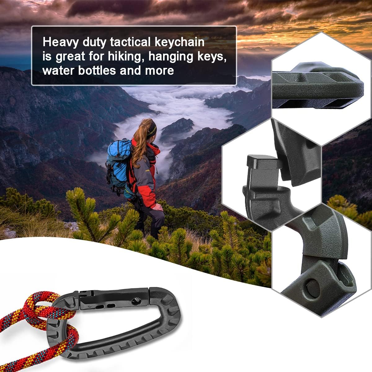 Tactical Gear Clips Plastic Carabiner Keychain Clip D-Rings Spring Snap Hook for Backpack, Molle System, Bag, Key Chain