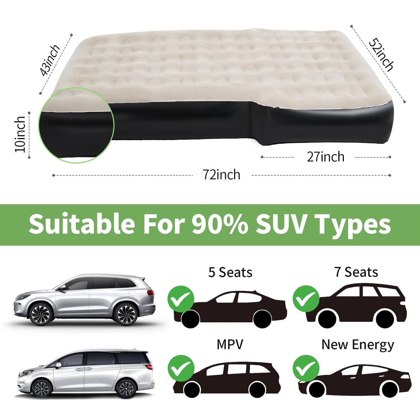 FORITRUE Durable Thickened 300D Oxford Car Camping Mattress, 6inch SUV Air Mattress, Car Air Mattress for Camping with External Pump Pillows Carry Bag Grey