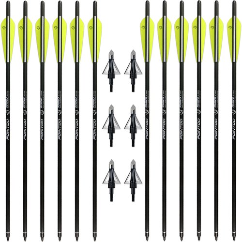 Pointdo 20inch Carbon Crossbow Bolts Crossbow Hunting Arrows with 4" Vanes and Replaced Arrowhead/Tip (12 Pack) (Yellow White&Broadheads)