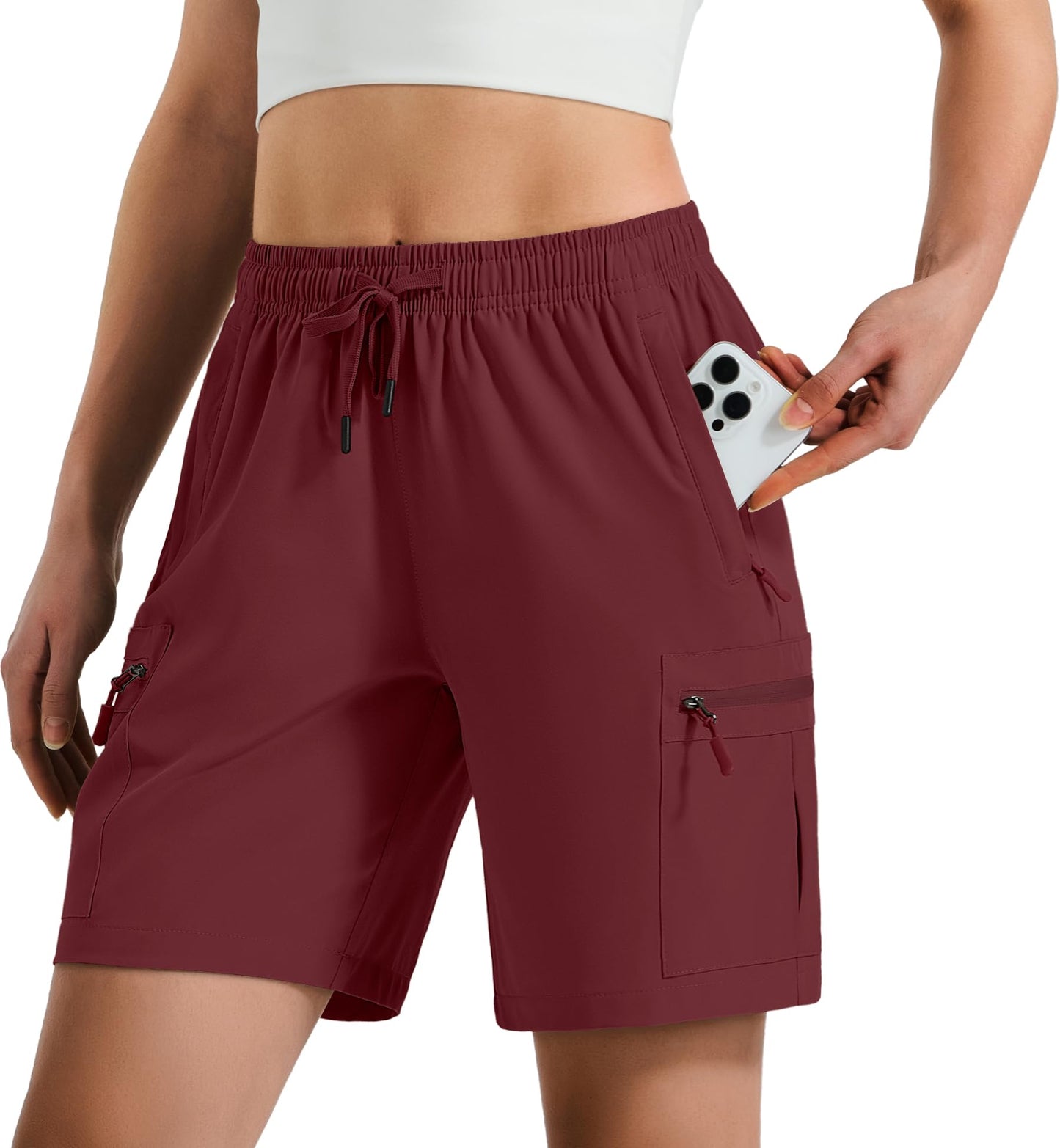 Hugut Women's Lightweight Hiking Cargo Shorts Quick Dry Athletic Shorts Camping Travel Golf Zipper Pockets Water Resistant Maroon