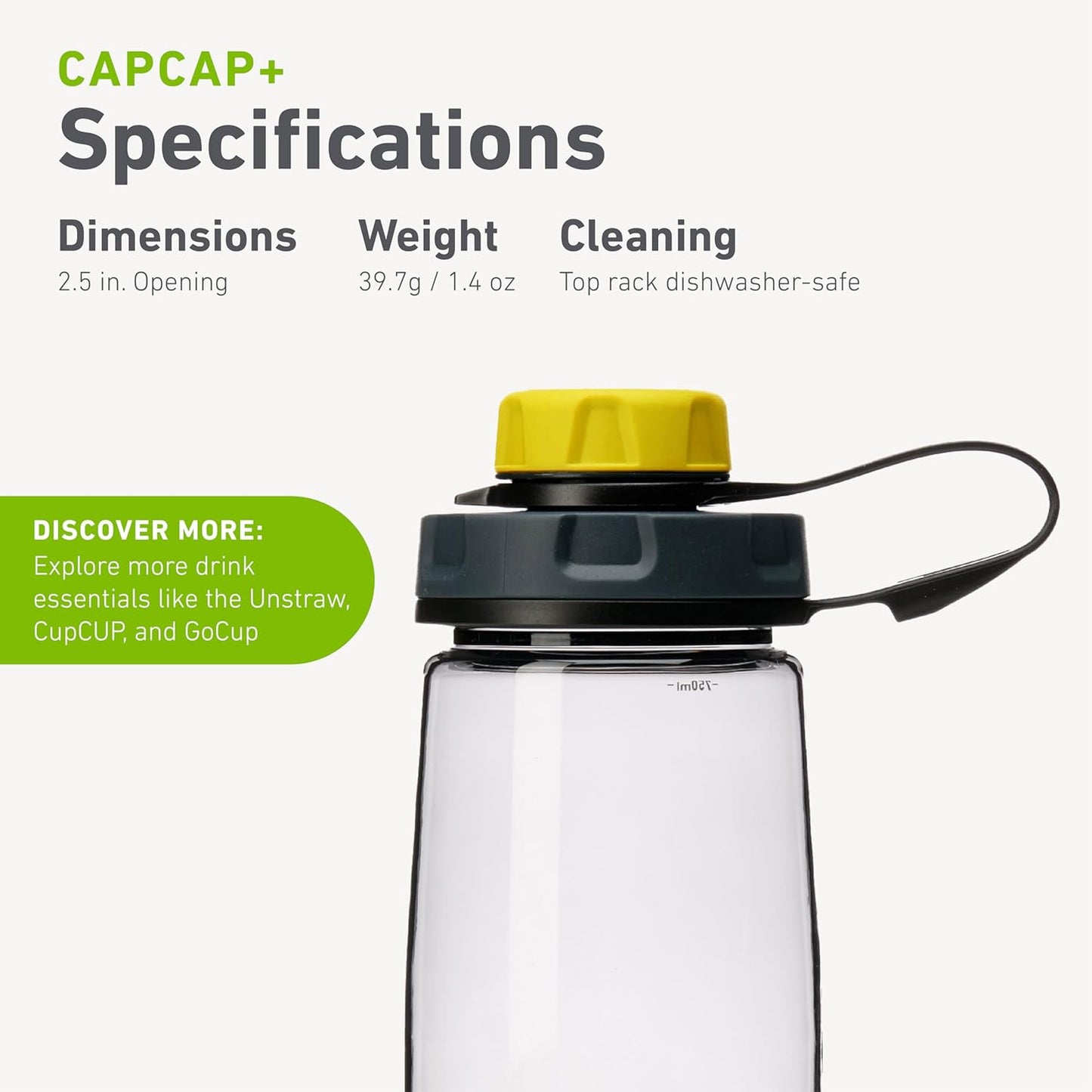 humangear capCAP+ | Converts Wide-Mouth Openings | Secure Easy Open | Food-Safe Material | Water Bottle Accessory Lid