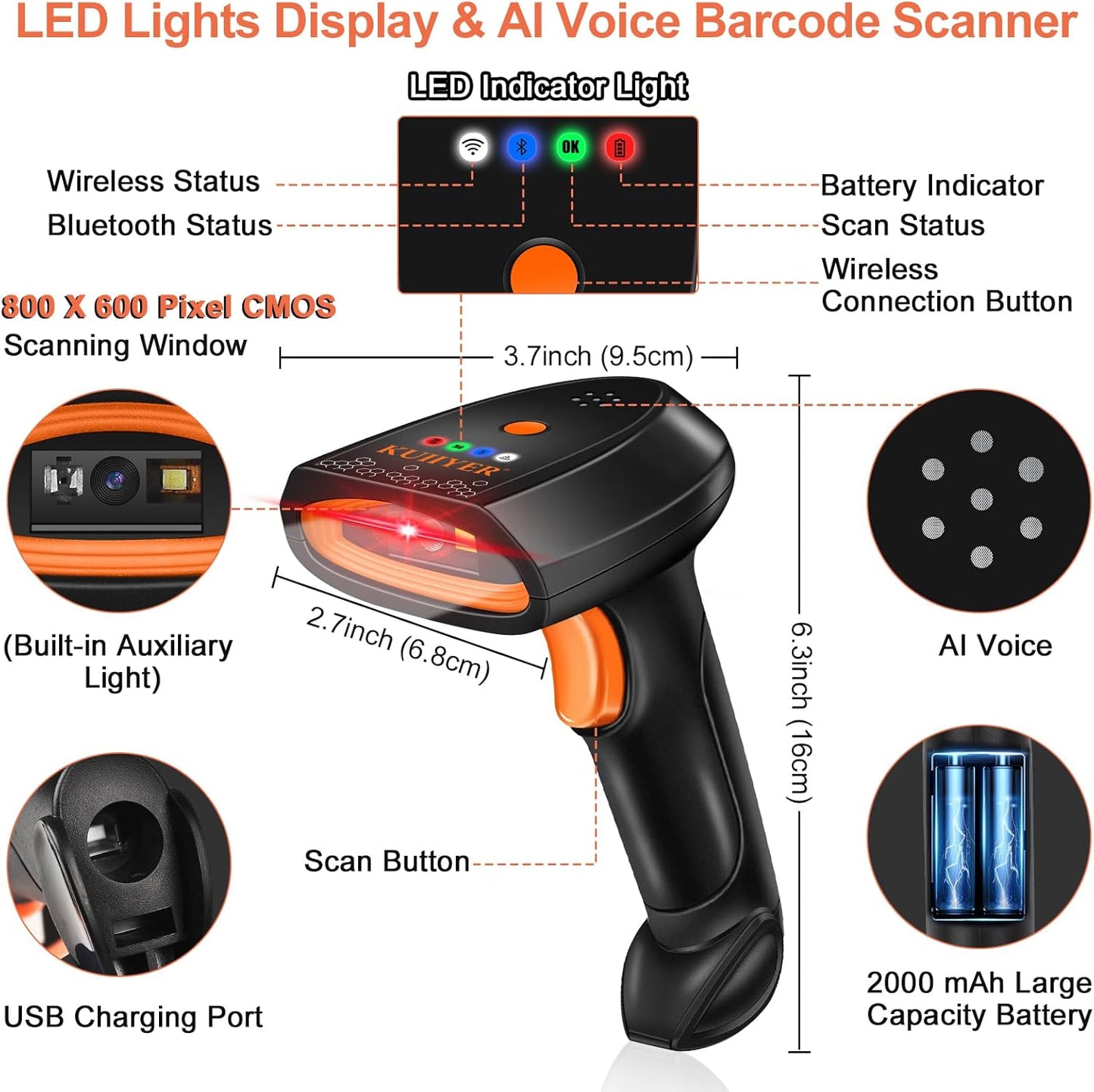 KUIIYER Bluetooth Barcode Scanner, Wireless 2D QR 1D Bar Code Scanners with LED Lights Display & AI Voice, Plug & Play Handheld Barcode Reader for iPhone, Android, iPad, Tablet, PC Computers & POS